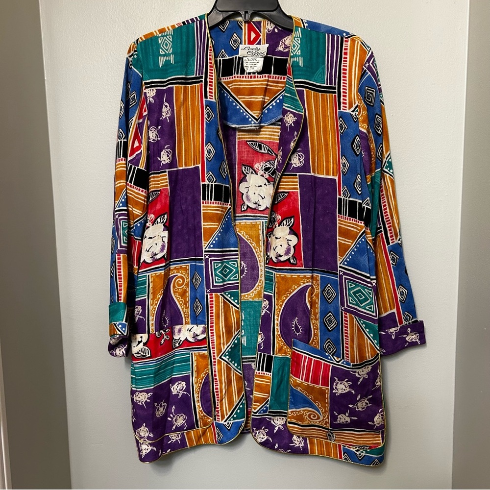 VINTAGE LADY CAROL OF NEW YORK OPEN FRONT Jacket Blazer Multicolored Abstract 10